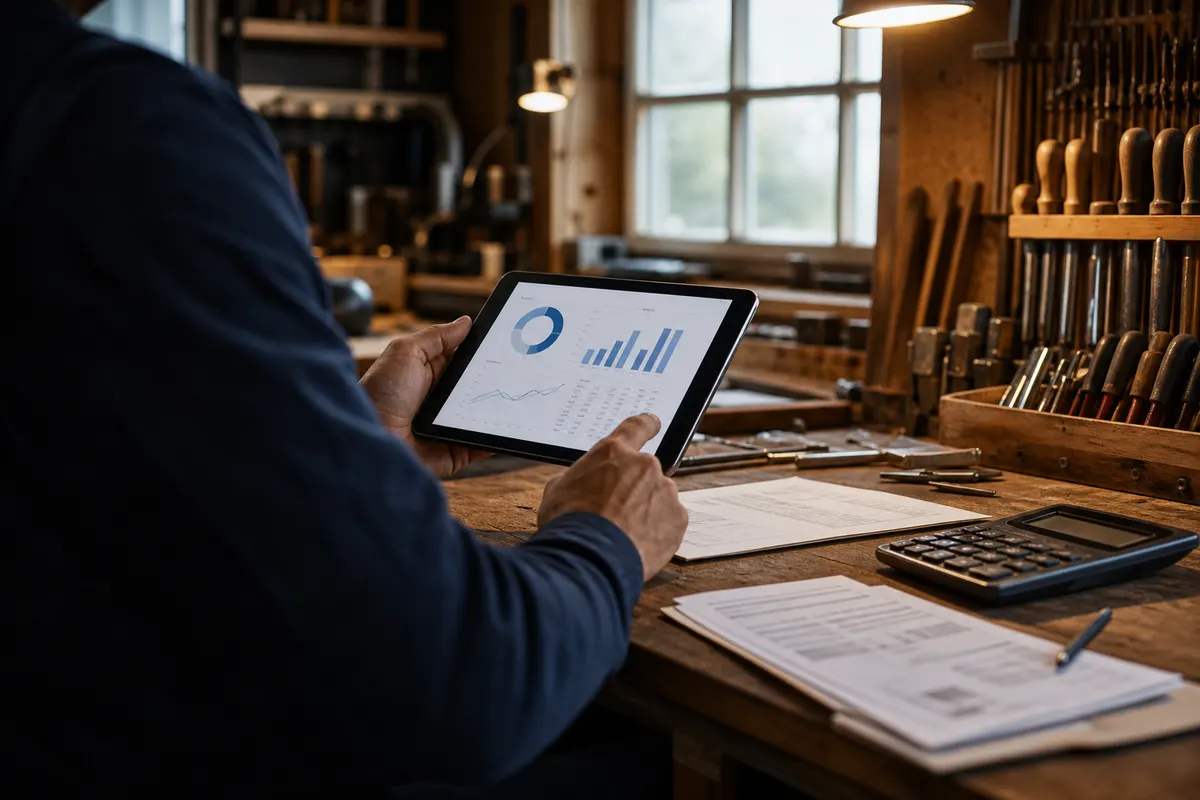 Handwerker kalkuliert die Kosten der Digitalisierung am Tablet in der Werkstatt