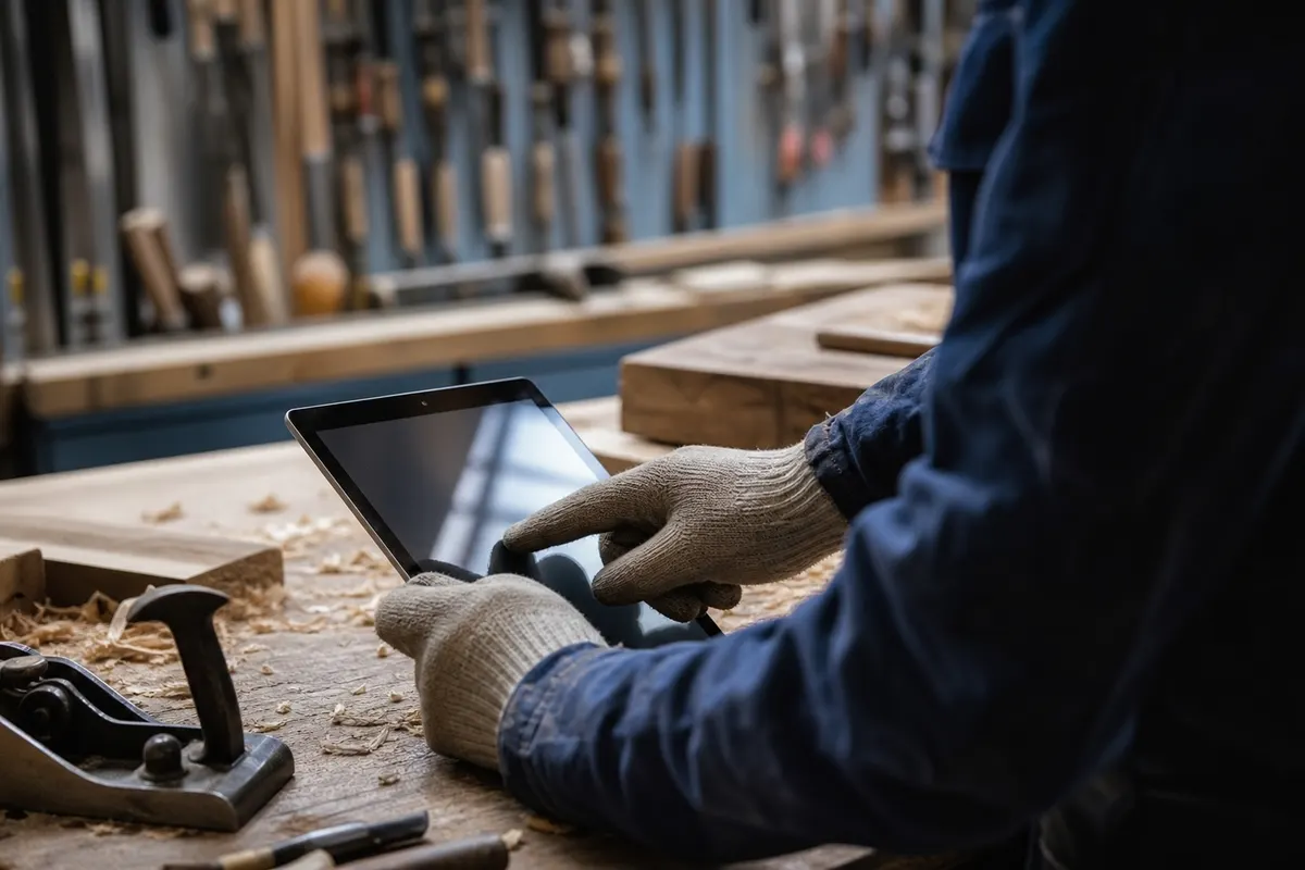 Handwerker nutzt Tablet in der Werkstatt