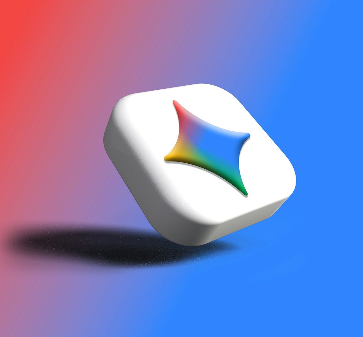 White cube with colorful star logo on gradient background