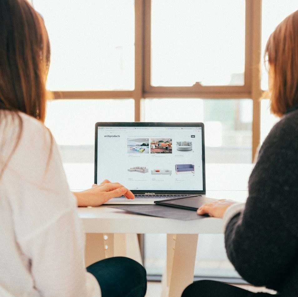 two women talking while looking at laptop computer